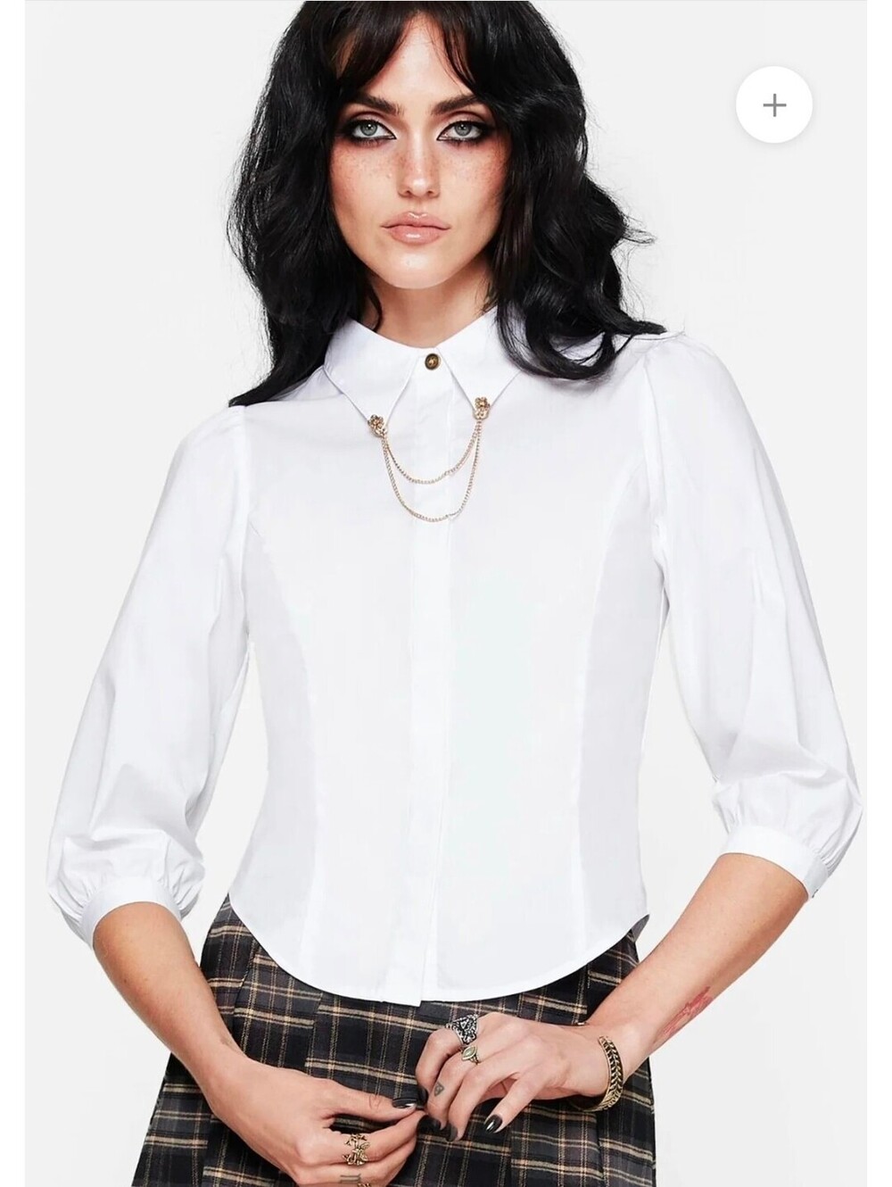 White Puff Sleeve Tailored Slim Fit Button-Up Shirt with Collar Chain Brooch